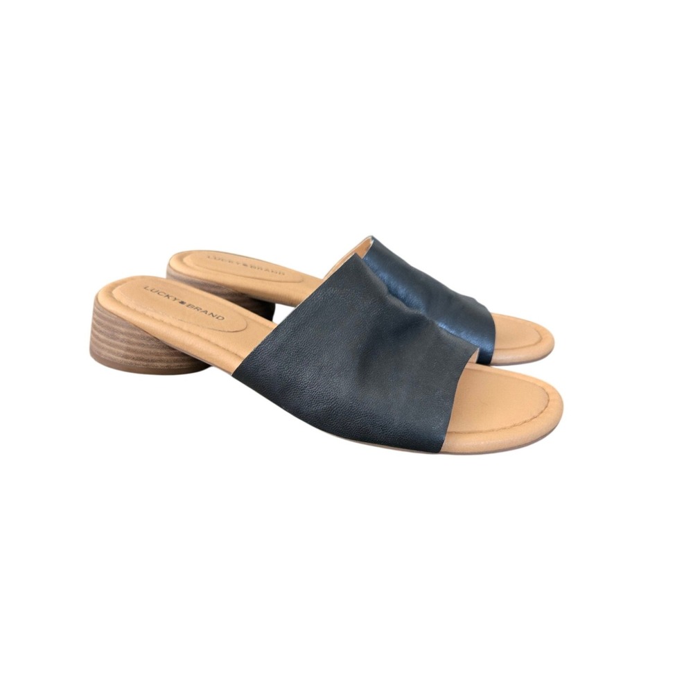 Lucky Brand Womens Black Leather Slide Sandals‎ Block Heel Mules Size 8.5M